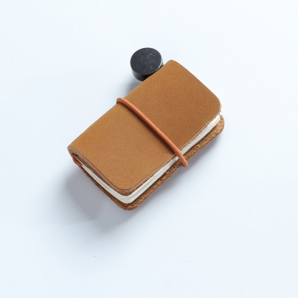 Camel waxed leather mini traveler's notebook charm with elastic band and vintage metal clasp