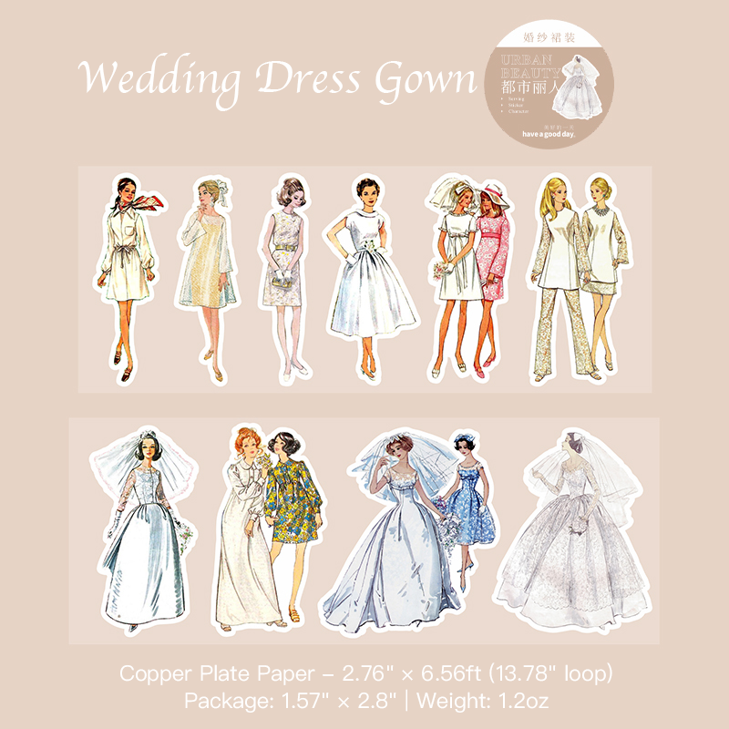Wedding dress gown vintage fashion girl stickers perfect for bridal journals and romantic crafts