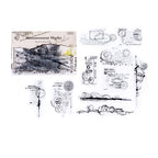 Black and white sketch stickers of antique balance scales and measuring instruments