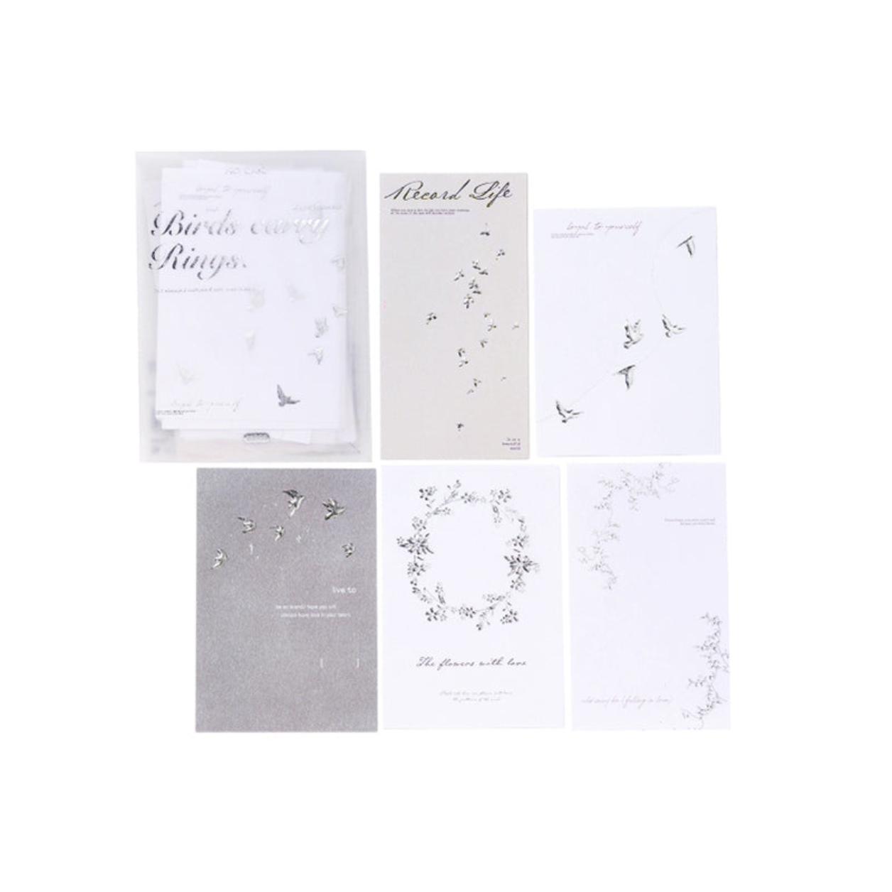 White Dove pure white and silver foil embossed card with birds and floral wreaths for elegant decoration