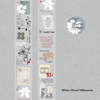 Wide matte PET tape White Floral Silhouette on grey background for vintage journaling