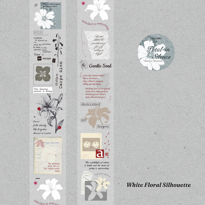 Wide matte PET tape White Floral Silhouette on grey background for vintage journaling