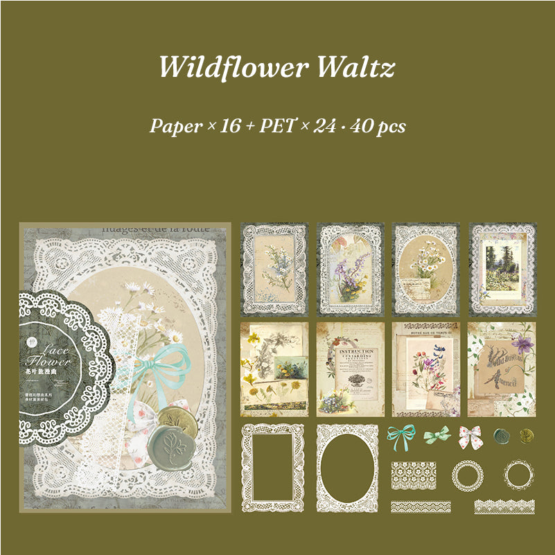 Wildflower Waltz theme — full sheet of botanical lace stickers 