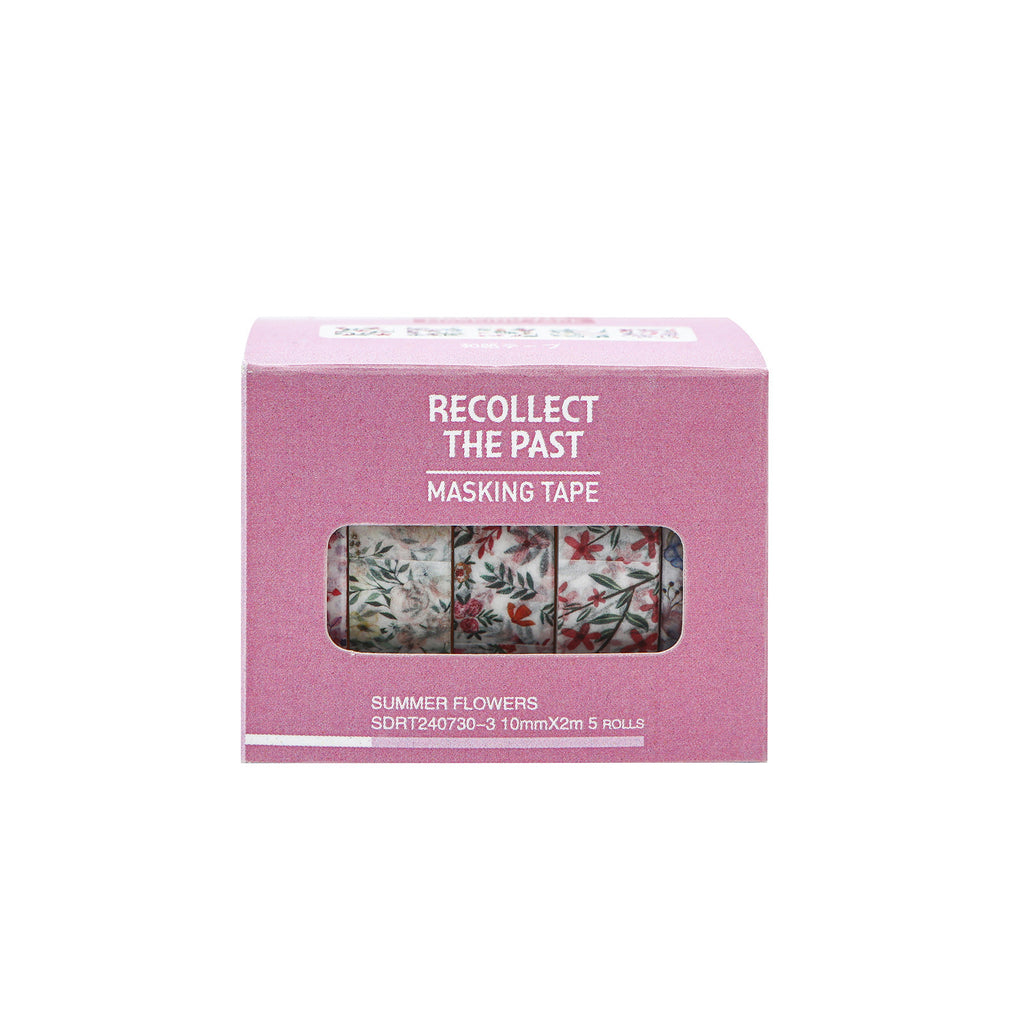 Variant image for the Wildflower Field mauve purple washi tape set. Showcases 5 rolls of nature-inspired scrapbooking tape in a soft purple box.