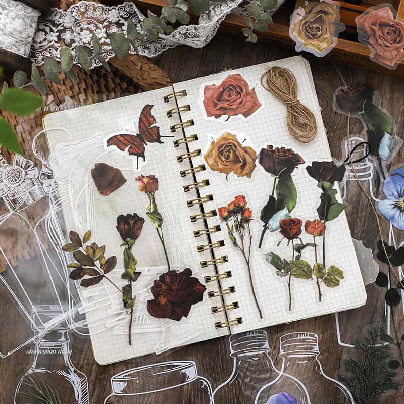 Wind-blown flower letter PET stickers showing translucent layering effect for collage projects
