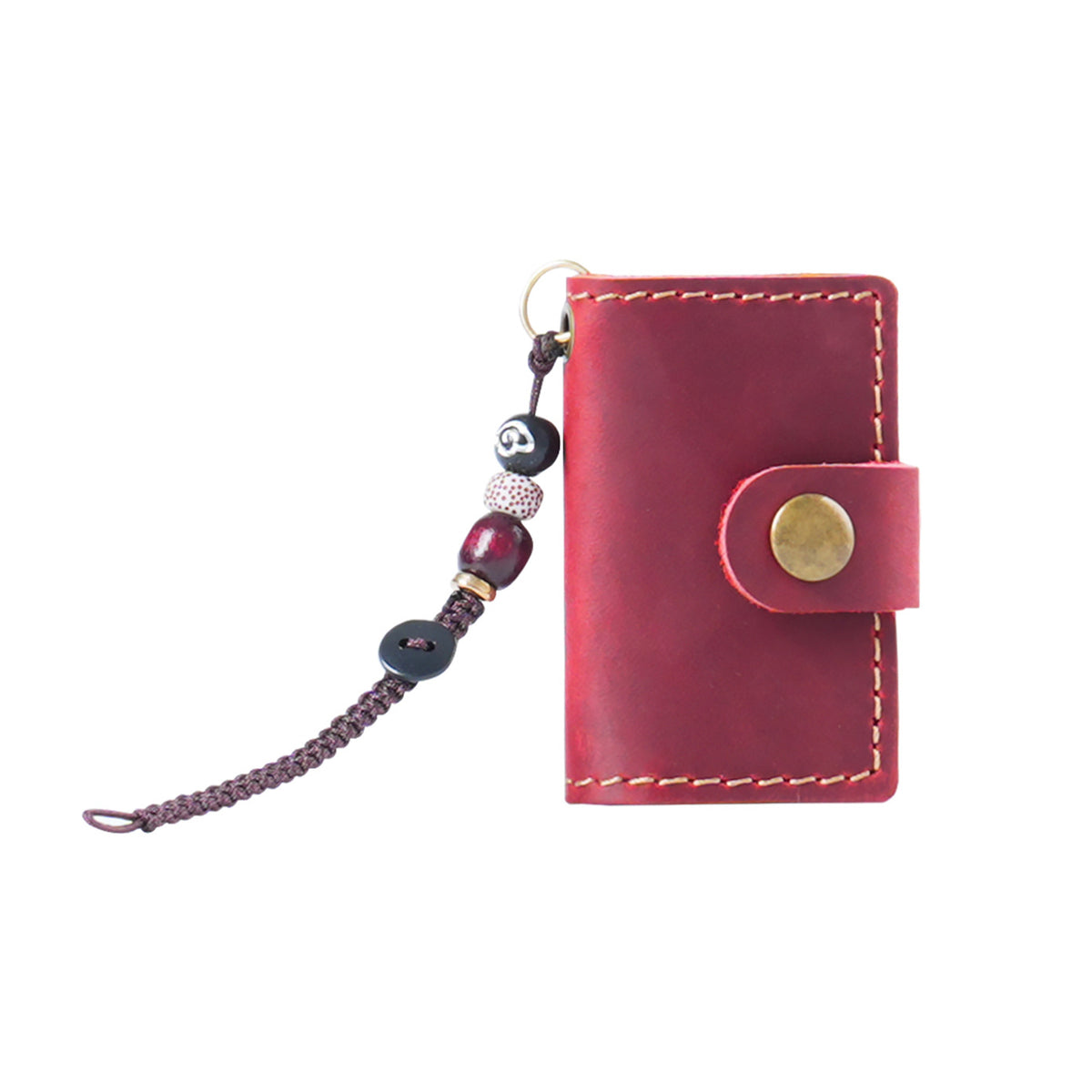 Wine red mini leather journal charm with beaded cord