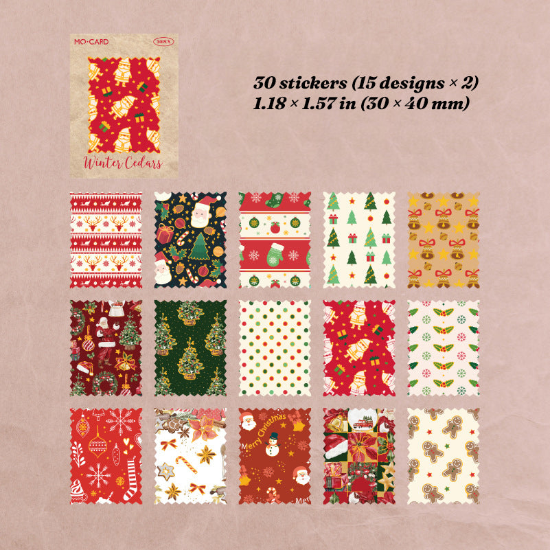 Winter Cedar style chart - 15 Christmas letter and postmark sticker designs in red and green