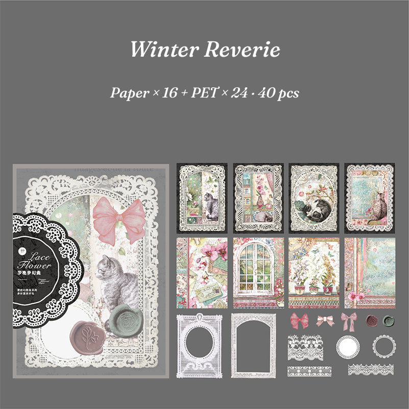 Winter Reverie theme — full sheet of silver-grey lace stickers