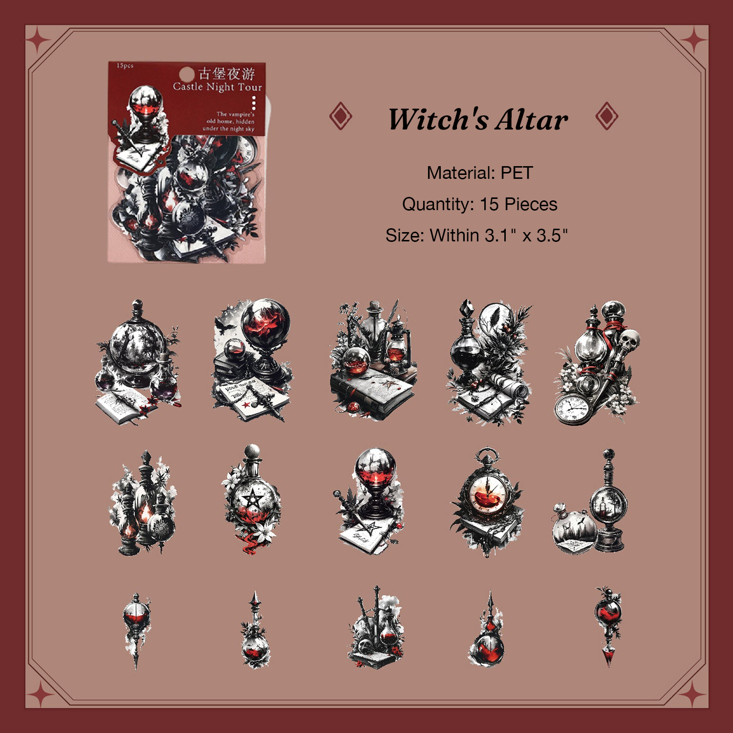 Magic potion bottles and wizard hat stickers for witchy vibe scrapbooking