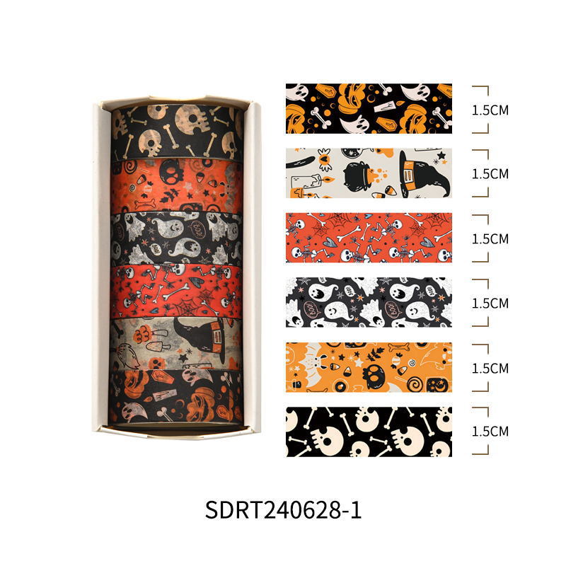 Halloween washi 6-roll box SDRT240628-1 — dark purple spooky designs with BOO motifs