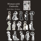 Monochrome lady stickers holding parasols and umbrellas in long gowns, die-cut with white borders on dark background.
