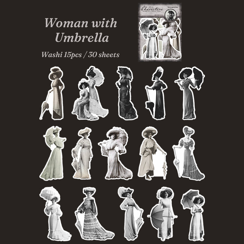 Monochrome lady stickers holding parasols and umbrellas in long gowns, die-cut with white borders on dark background.