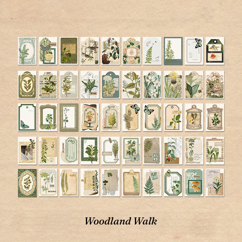 Complete 50-sticker sheet layout for Woodland Walk theme showing green forest botanical illustrations arranged in grid pattern on cream background