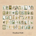 Complete 50-sticker sheet layout for Woodland Walk theme showing green forest botanical illustrations arranged in grid pattern on cream background