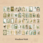 Complete 50-sticker sheet layout for Woodland Walk theme showing green forest botanical illustrations arranged in grid pattern on cream background