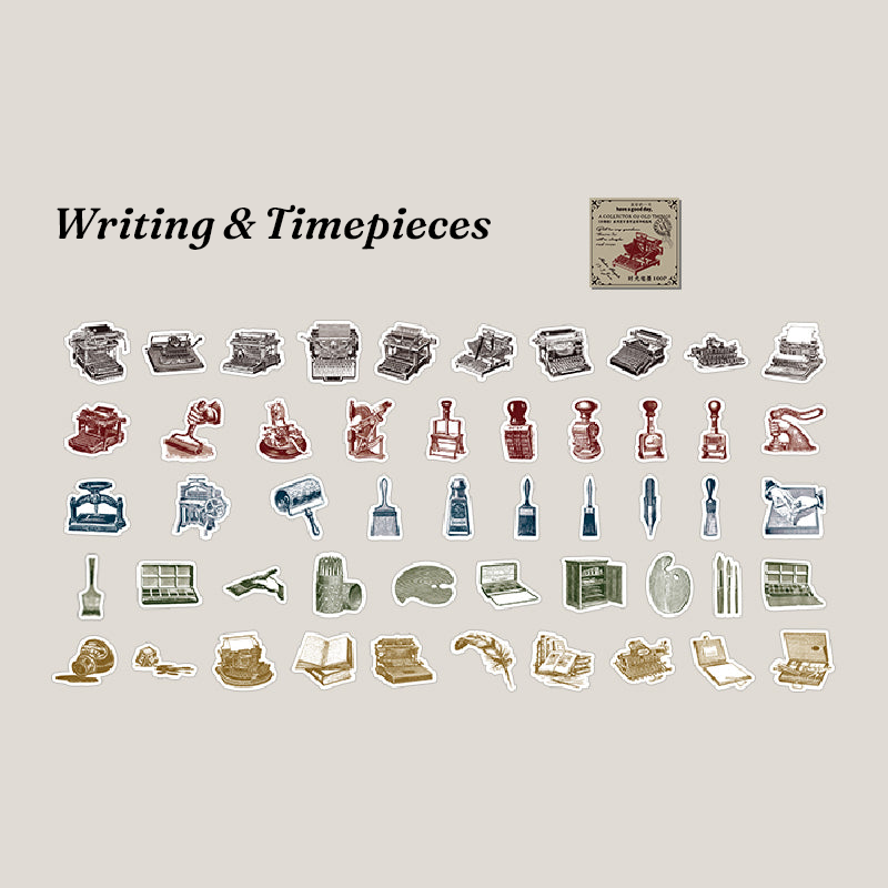 Writing instruments and pocket watch sketch stickers for dark academia aesthetic