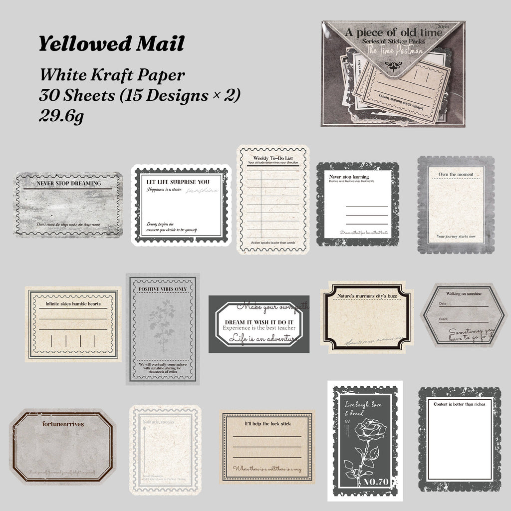 Yellowed Mail sticker chart - 15 aged letter and envelope designs in grey tones