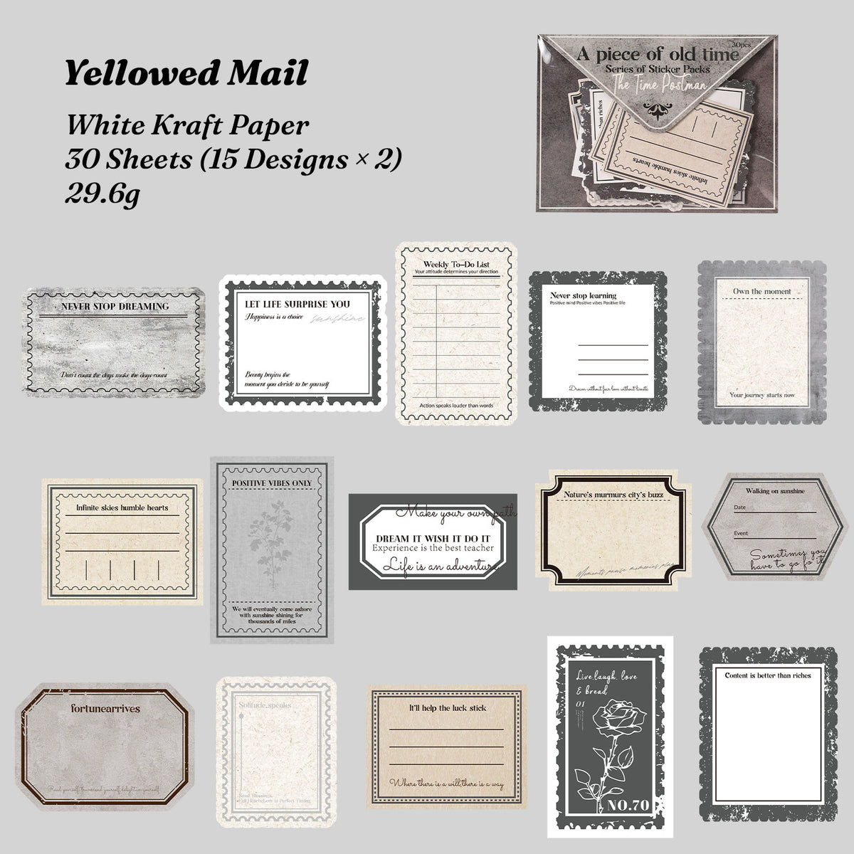 Yellowed Mail sticker chart - 15 aged letter and envelope designs in grey tones