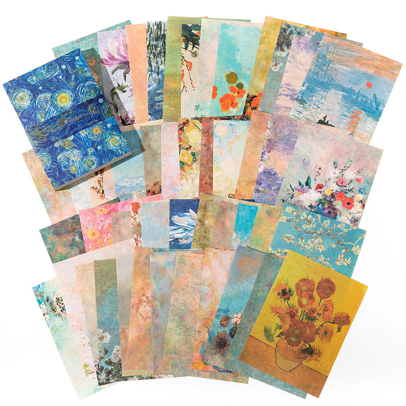 Fanned impressionist art paper sheets with starry night skies, sunflowers, and watercolor landscapes in vibrant painterly colors.