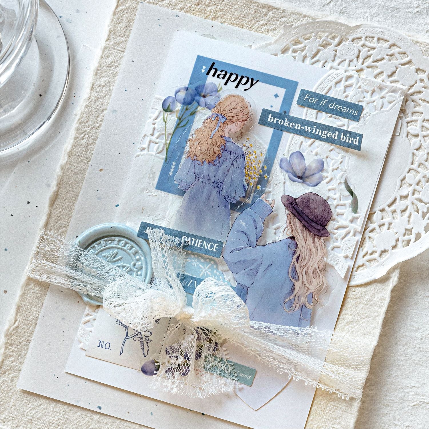 Flat lay of four distinct transparent PET girl silhouette sticker packs on a rustic wooden desk. Includes dried petals, a vintage blue wax seal, and navy ribbon for scrapbook ideas.