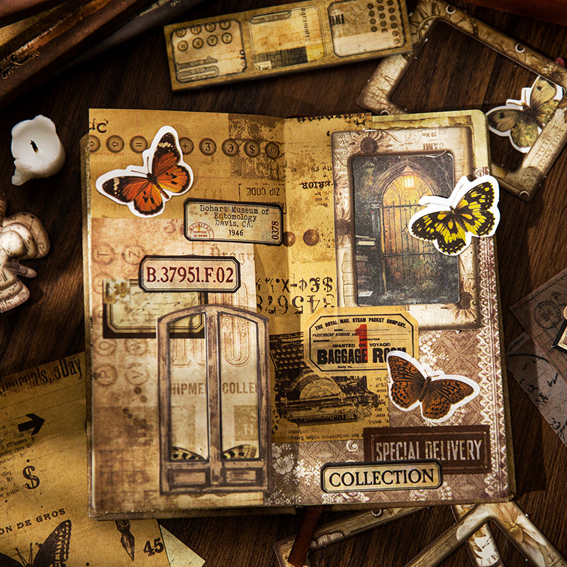 An aesthetic junk journal spread created with the vintage kit. Showcases creative layering using torn kraft paper, a gothic window frame sticker, antique postal tickets, and vibrant butterfly decals.
