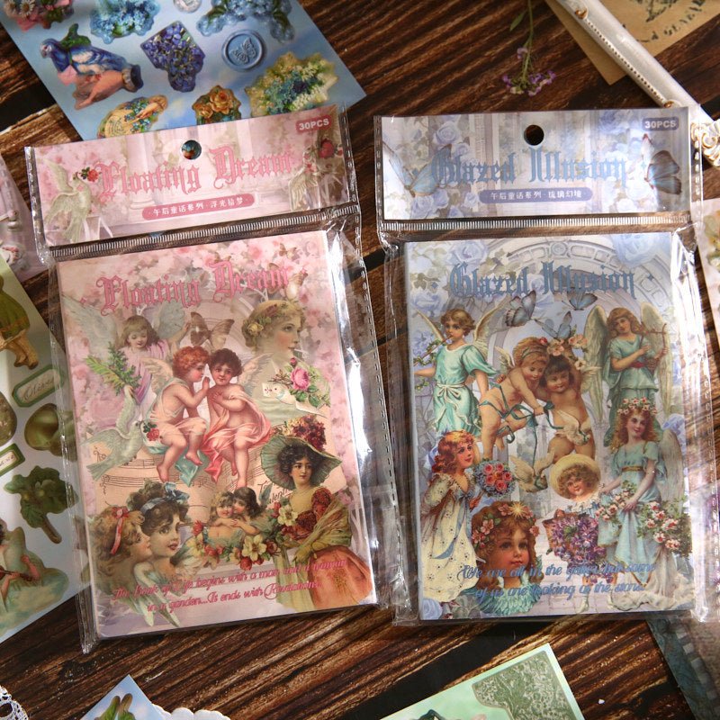 Two colorways of the Afternoon Fairy Tales sticker book side by side – Glimmering Dreams and Glass Reverie editions