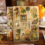 Die-cut sticker sheet in olive green tones – vintage frames, insects and botanical vignettes from the Afternoon Fairy Tales book