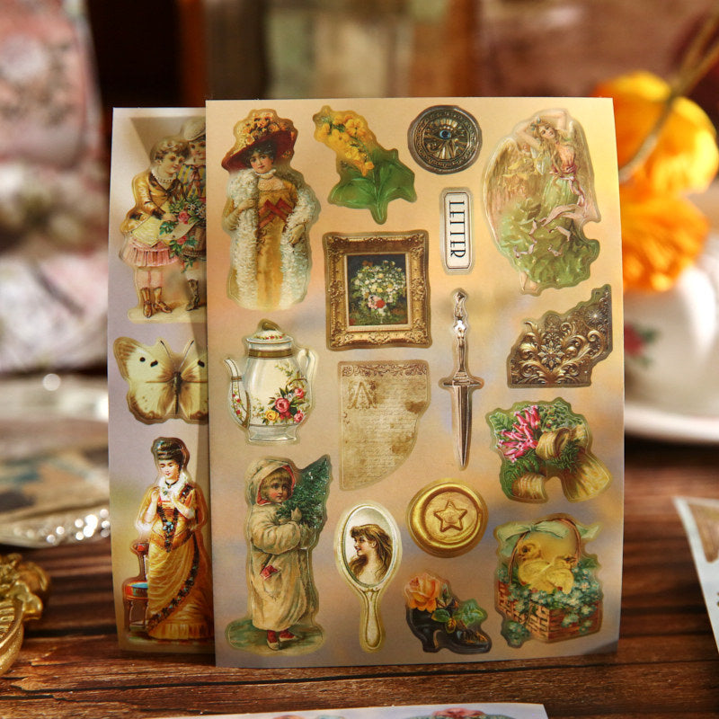 Die-cut sticker sheet in olive green tones – vintage frames, insects and botanical vignettes from the Afternoon Fairy Tales book