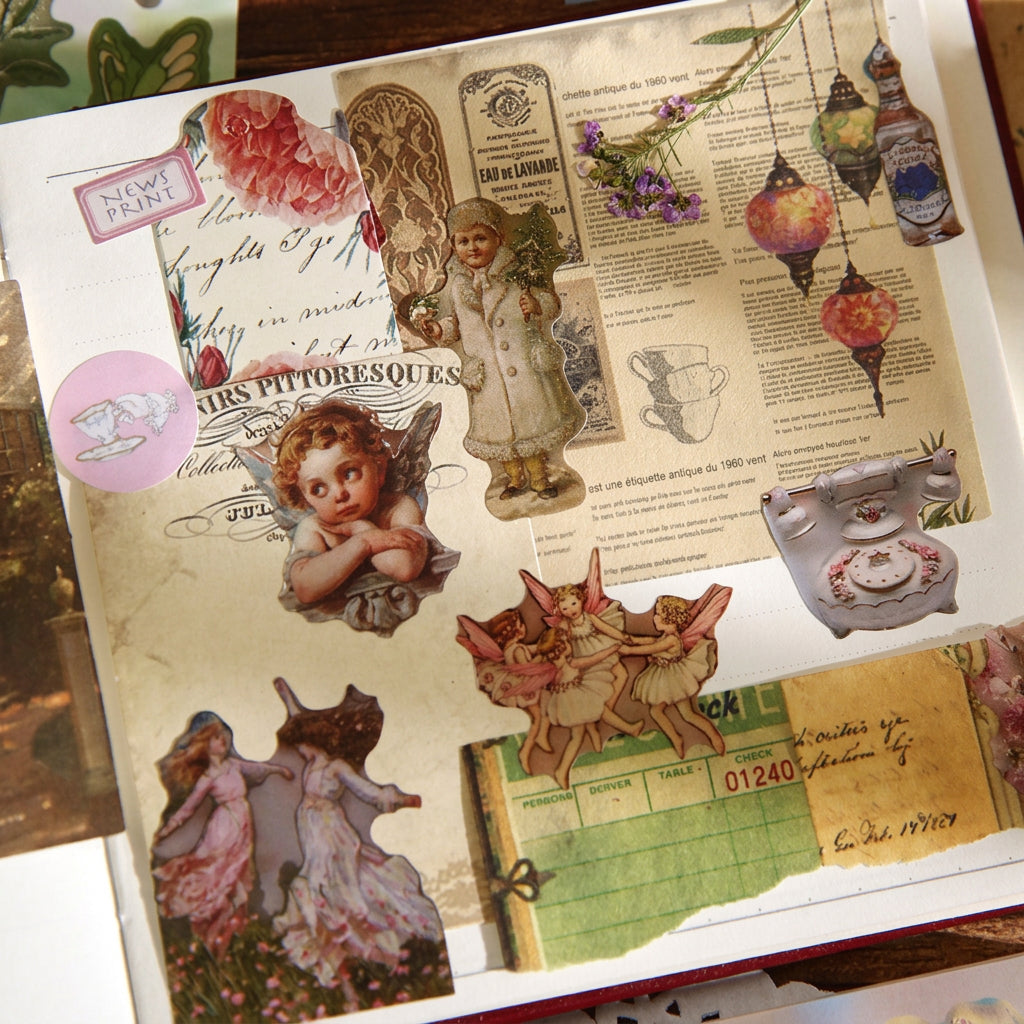 Vintage sticker sheet with children, postage stamps and labels on aged kraft-toned paper – Afternoon Fairy Tales collection