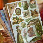 Sticker sheet with leafy green borders, ladybugs and portrait cameos – vintage fairy tale die-cuts