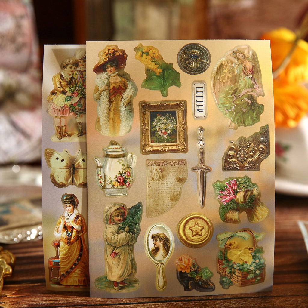 Close-up of die-cut sticker figures on an olive-toned sheet – woodland animals and cameo frames, Afternoon Fairy Tales book