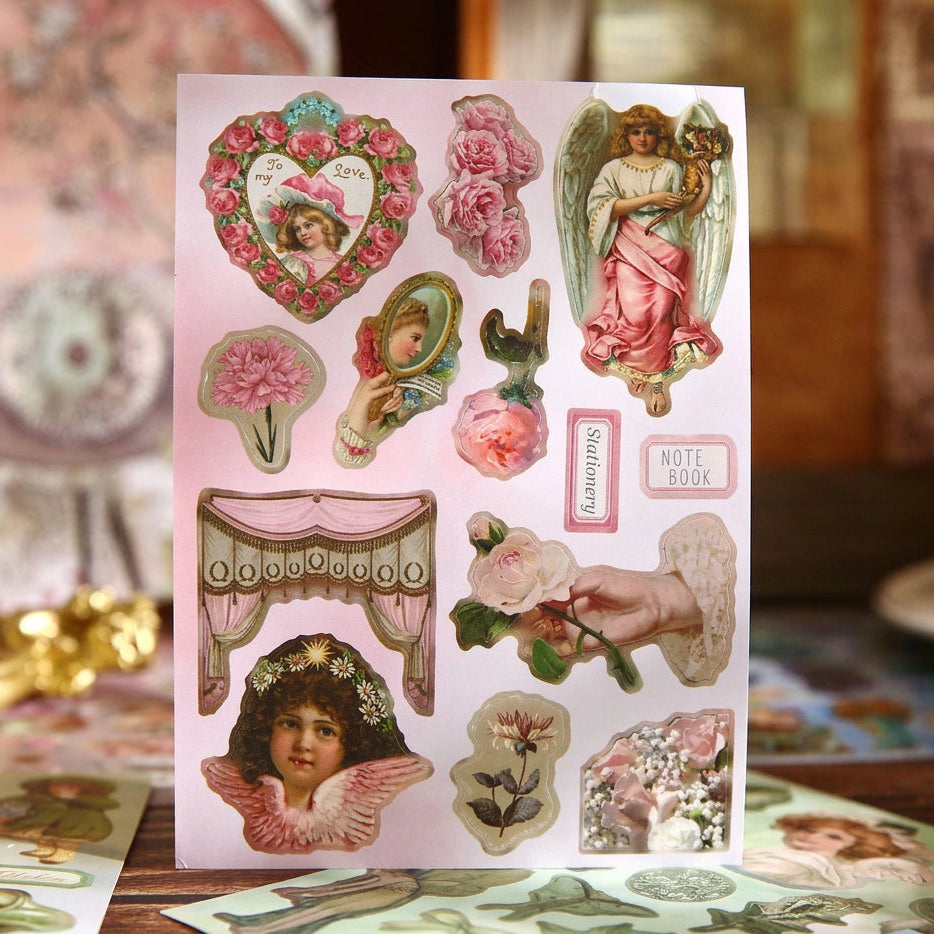 Pastel pink sticker sheet with hearts, roses and vintage girl portraits – Glass Reverie colorway, Afternoon Fairy Tales