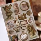 Nursery sticker sheet with teddy bear, pocket watch and toy blocks on aged paper – storybook die-cuts for journaling