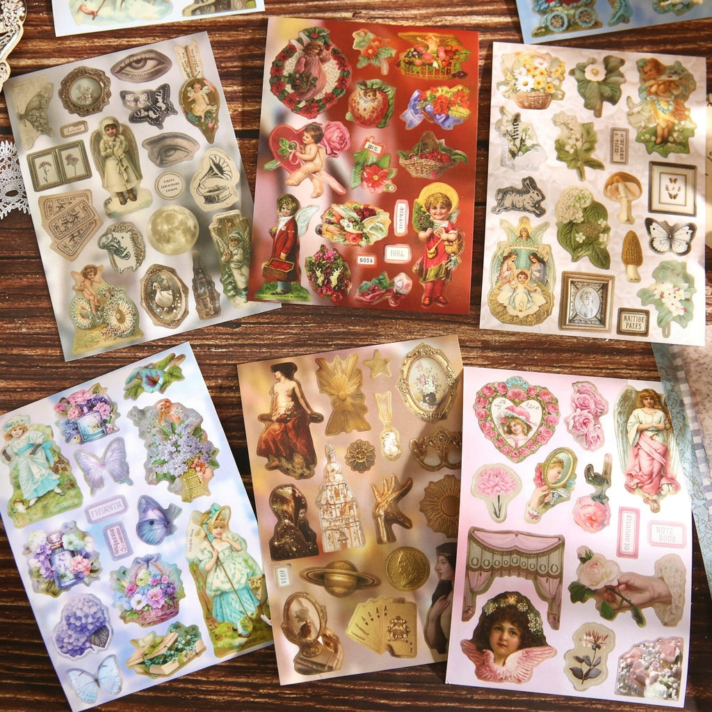 Afternoon Fairy Tales sticker sheets fanned out – vintage nursery scenes, angels and storybook children illustrations