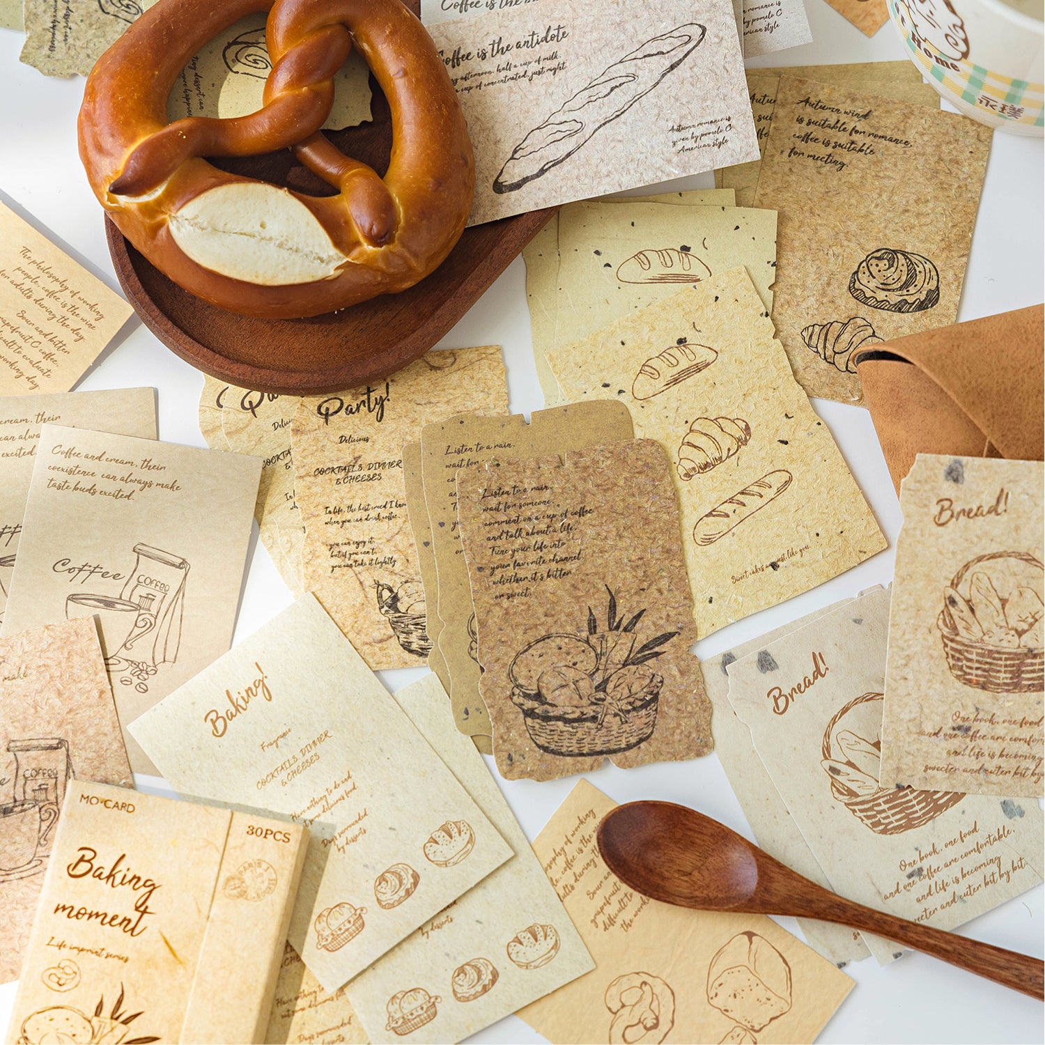 Baking moment themed textured journal cards bread croissant coffee cake pastry kraft paper ephemera