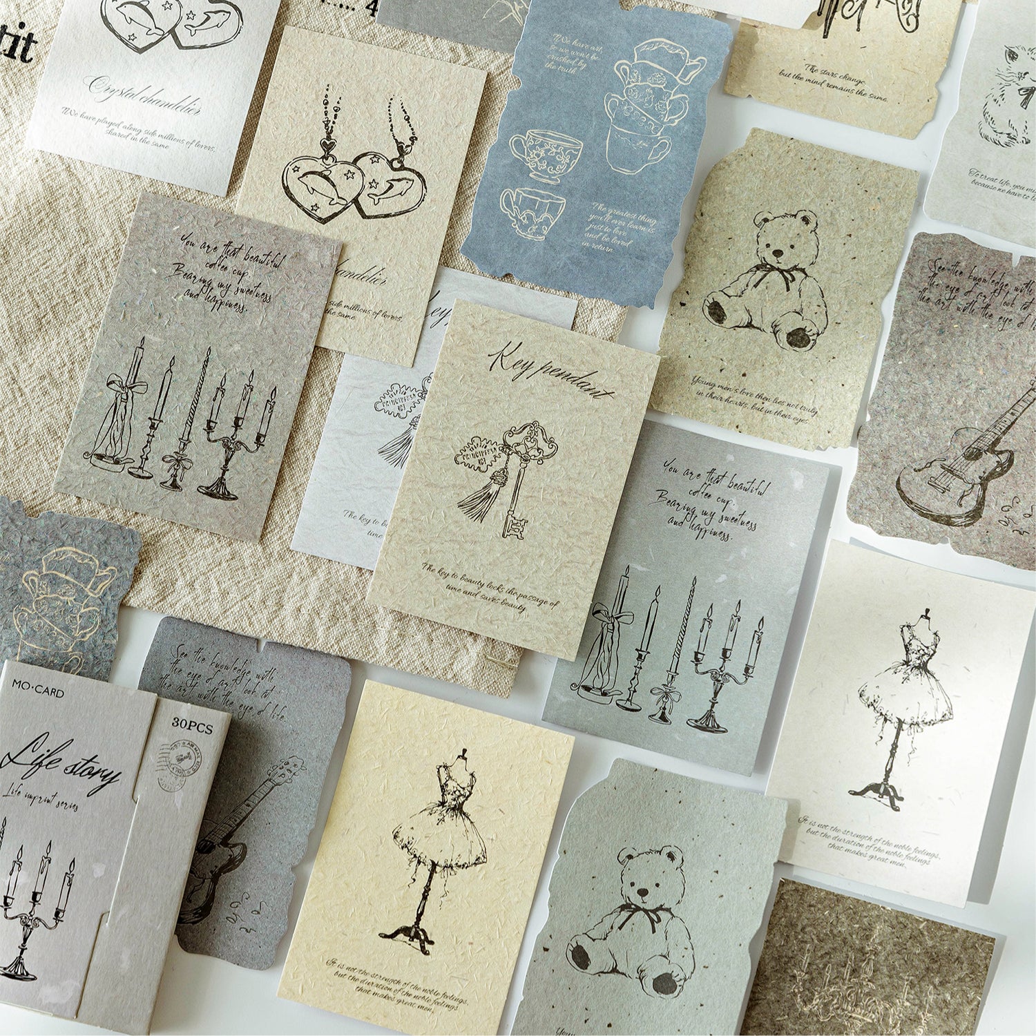 Vintage life story themed textured cards candles teddy bears keys ballet dress guitar calligraphy