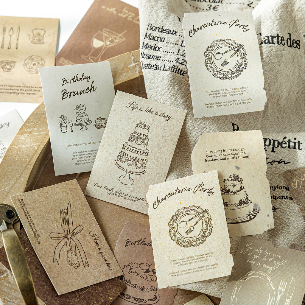 Birthday brunch themed textured cards cake charcuterie party wine glasses dining quotes celebration