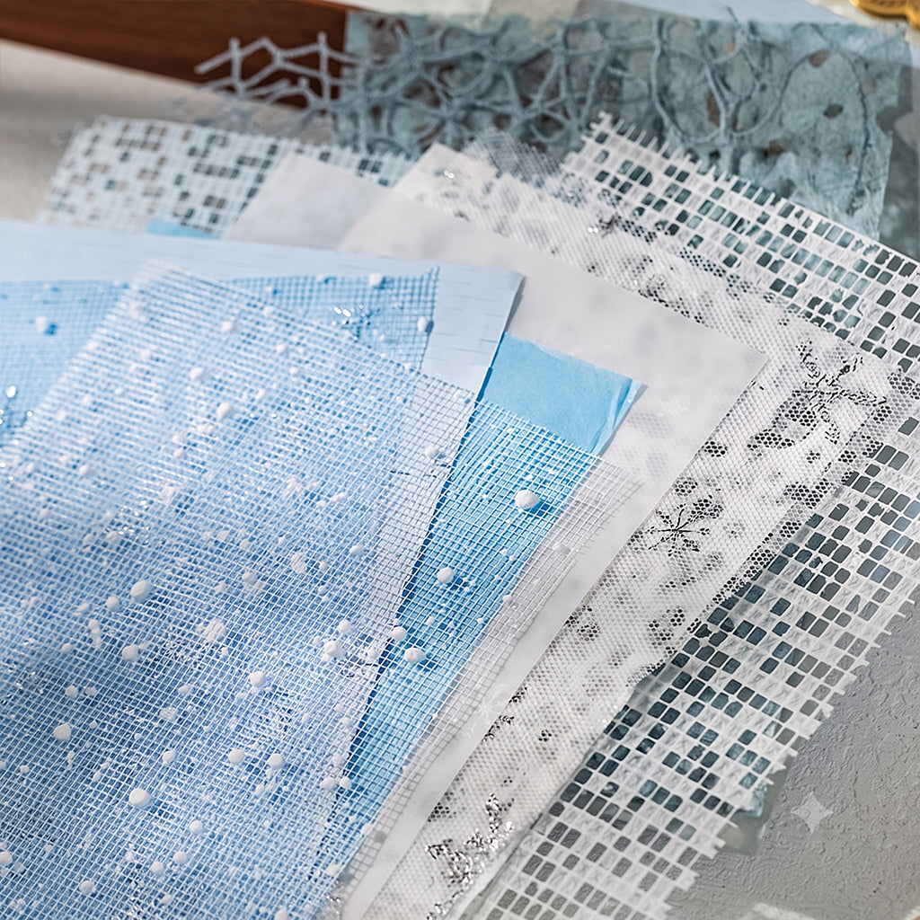 Blue sequin grid and snowflake mesh textured specialty papers for journal layering and collage