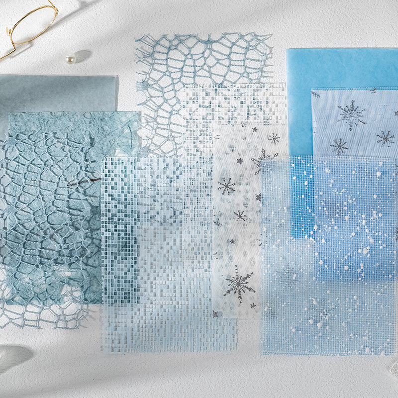 Full blue theme textured paper set including fishnet, grid sequin, and snowflake mesh