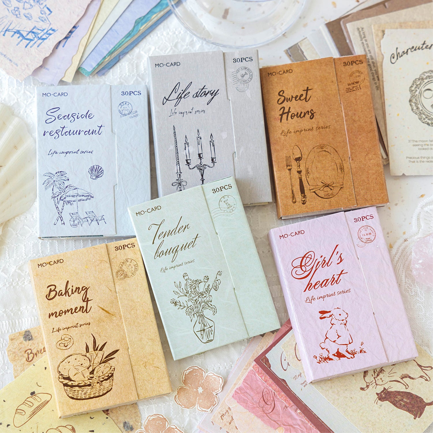 Six vintage textured journal card packs life story sweet hours tender bouquet seaside baking girls heart