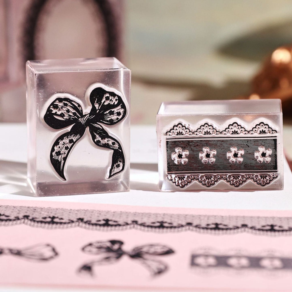 lace reverie bow stamp and scalloped lace strip clear acrylic stamps pair