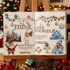 Christmas Carol stickers arranged on a journal spread with warm fairy lights