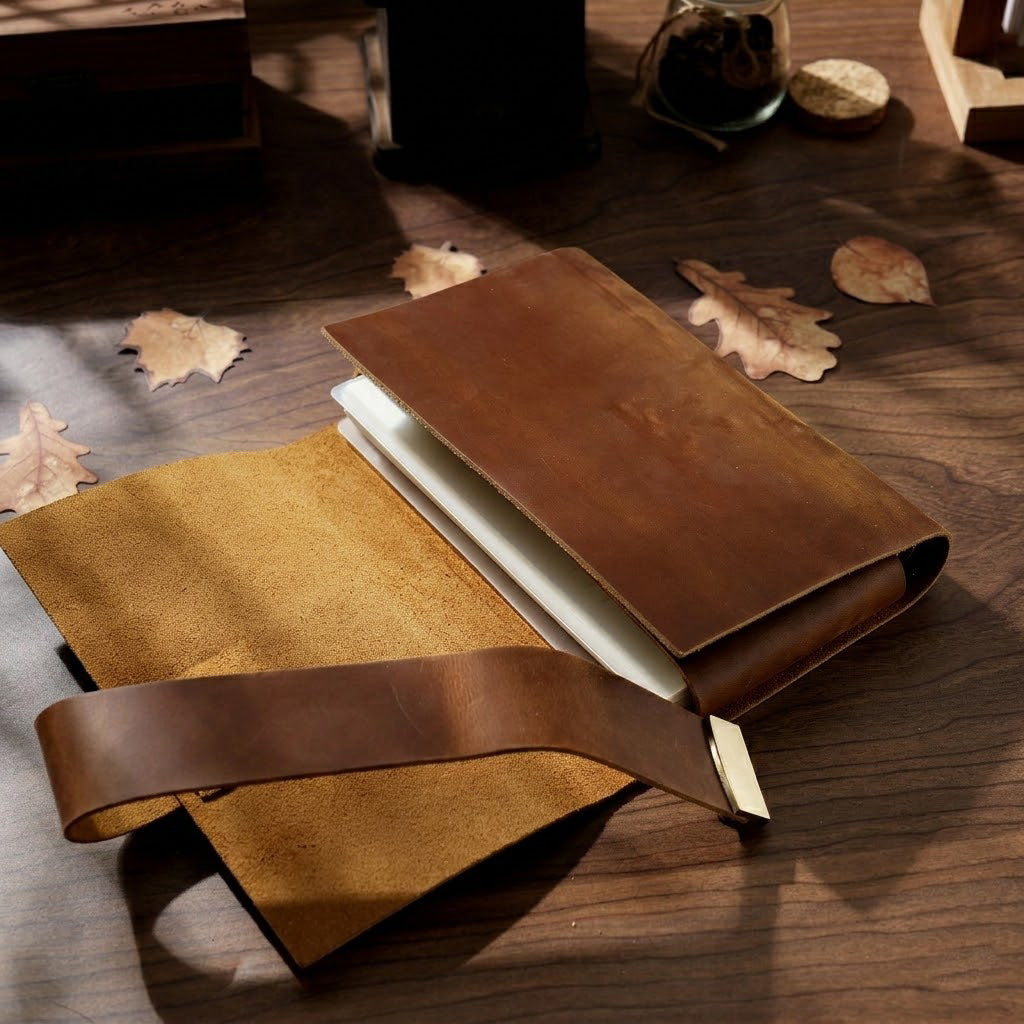 Partially opened Classic Rustic Brown genuine crazy horse leather journal lying on a rustic wooden desk. The image highlights the smooth top-grain leather exterior, the raw suede interior flap, the long wraparound leather strap with a brass tip, and the thick blank pages inside.