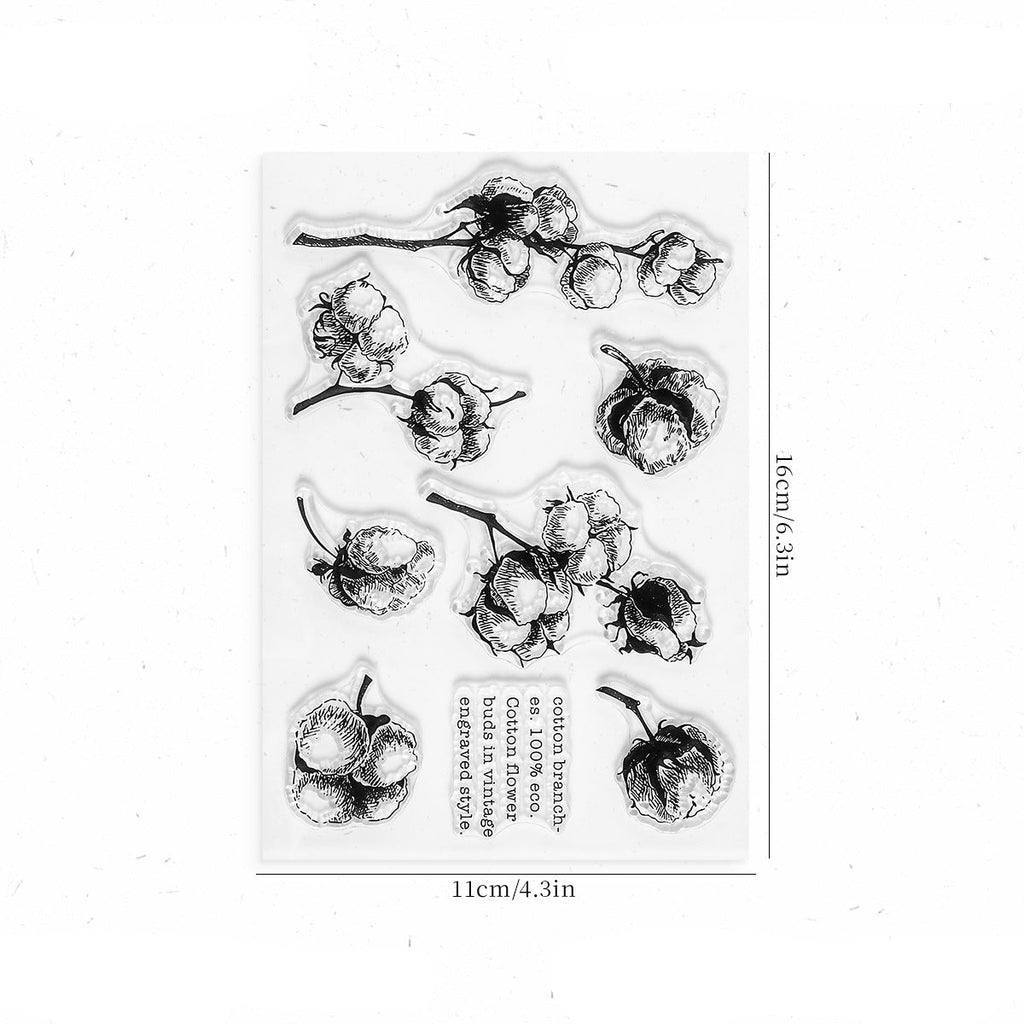 Cotton clear stamp sheet – cotton sprig illustrations with vintage text elements