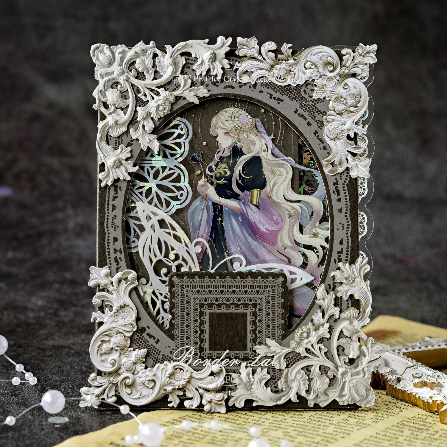 Creative scrapbooking inspiration using the Antique Plaster style 3D relief corner frames. The laser-cut ivory white floral corners perfectly frame a beautiful anime-style girl portrait card on a dark background.