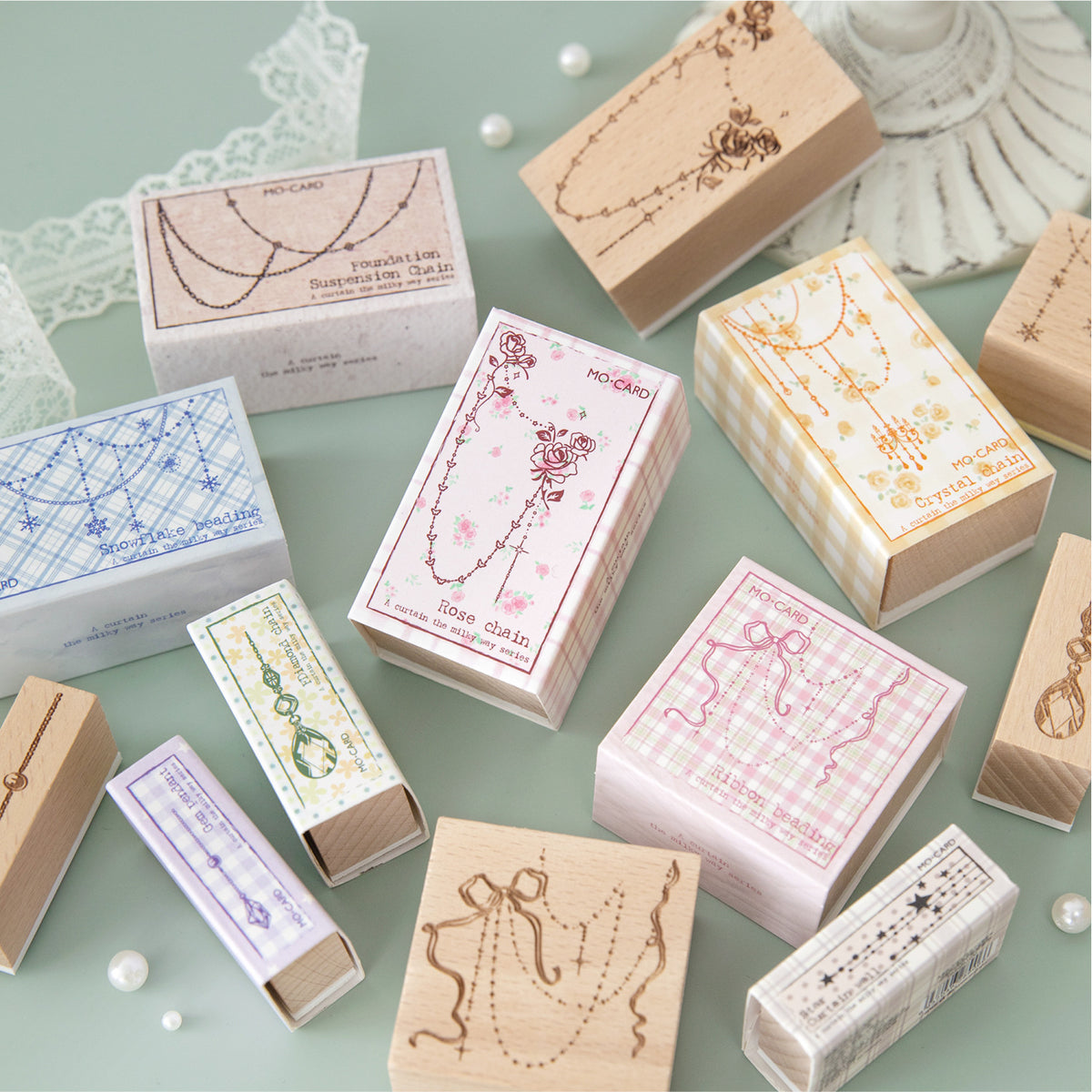 A Curtain of Stars beech wood stamp collection – 8 laser engraved bead, chain and gem border designs with gift boxes