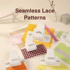 White lace border punch collection with cut paper strips in pink yellow and green for scrapbook layouts