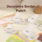 Multiple decorative border punches with floral and lace patterns displayed on pastel cardstock
