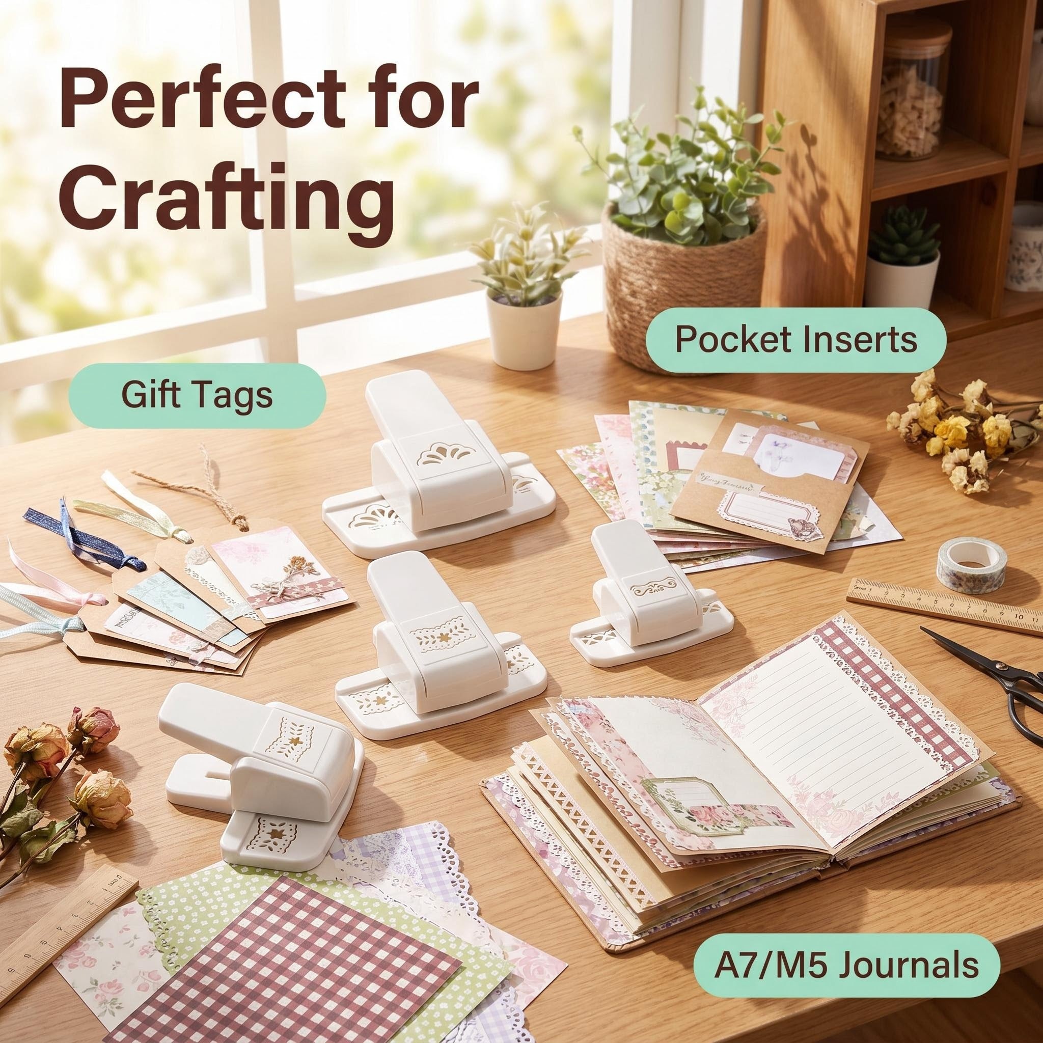 Border punch on wooden desk with gift tags pocket inserts A7 M5 journals and washi tape
