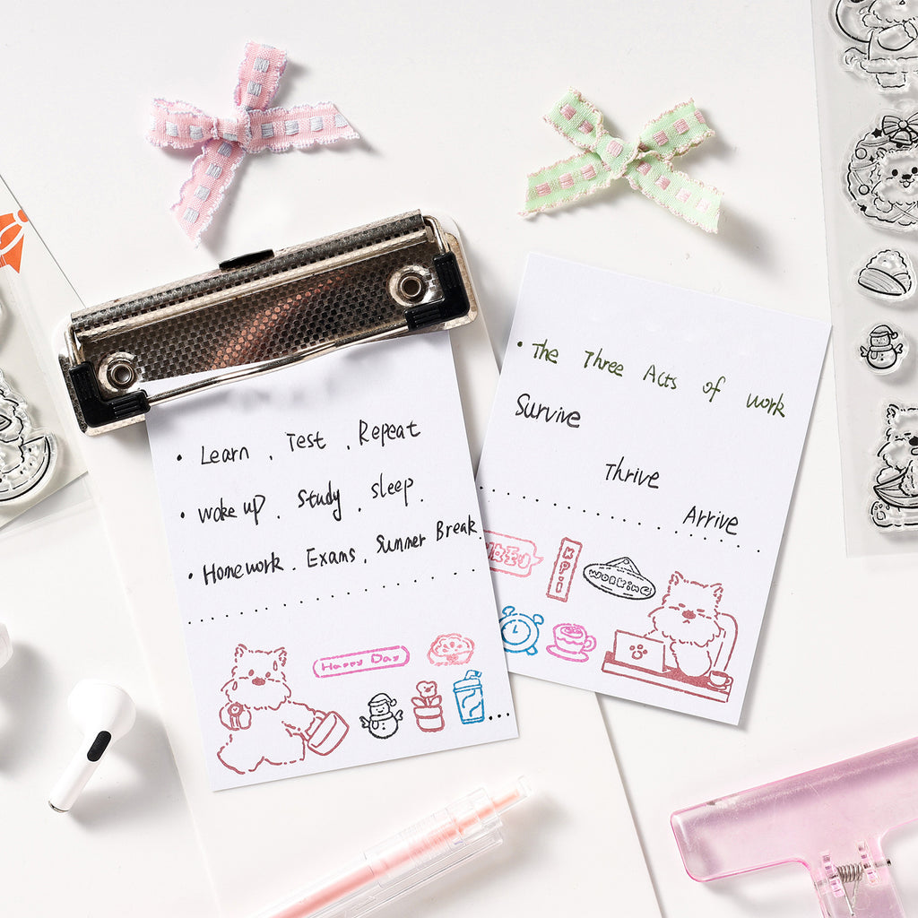 Cute dog clear silicone stamps inked planner pages showing cute impressions colorful accents